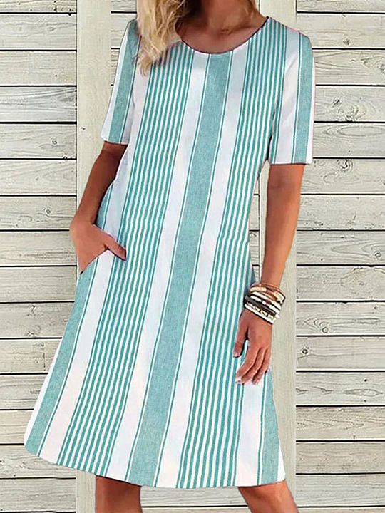 Chicmy- Round Neck Casual Loose Striped Vacation Short Sleeve Short Dress