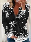 ChicmyWomens Casual V Neck Pullover Snowflake Print Long Sleeve Zip Sweatshirt