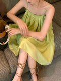 Chicmy-Pleated Solid Color Loose Sleeveless Spaghetti-Neck Slip Dress Mini Dresses