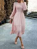 Chicmy-Elasticity Jacquard Solid Color Split-Joint A-Line Bishop Sleeve Round-Neck Midi Dresses