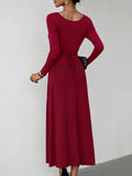 CHICMY-Graduation gift, graduation evening dress Tied Waist Solid Color Skinny Long Sleeves U-Neck Midi Dresses