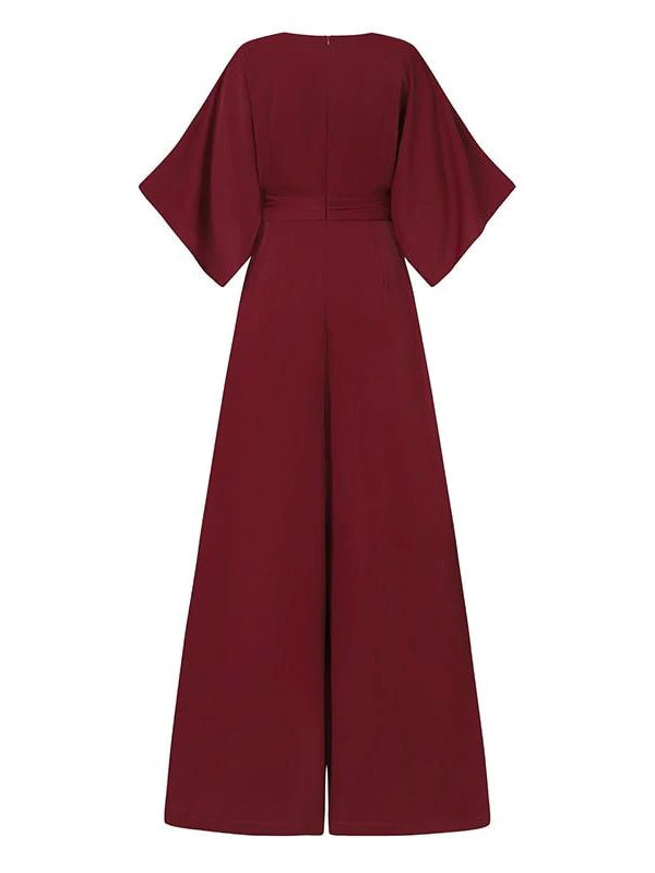 Chicmy-Simple Solid Color V-Neck Half Sleeves Wide Leg Jumpsuits