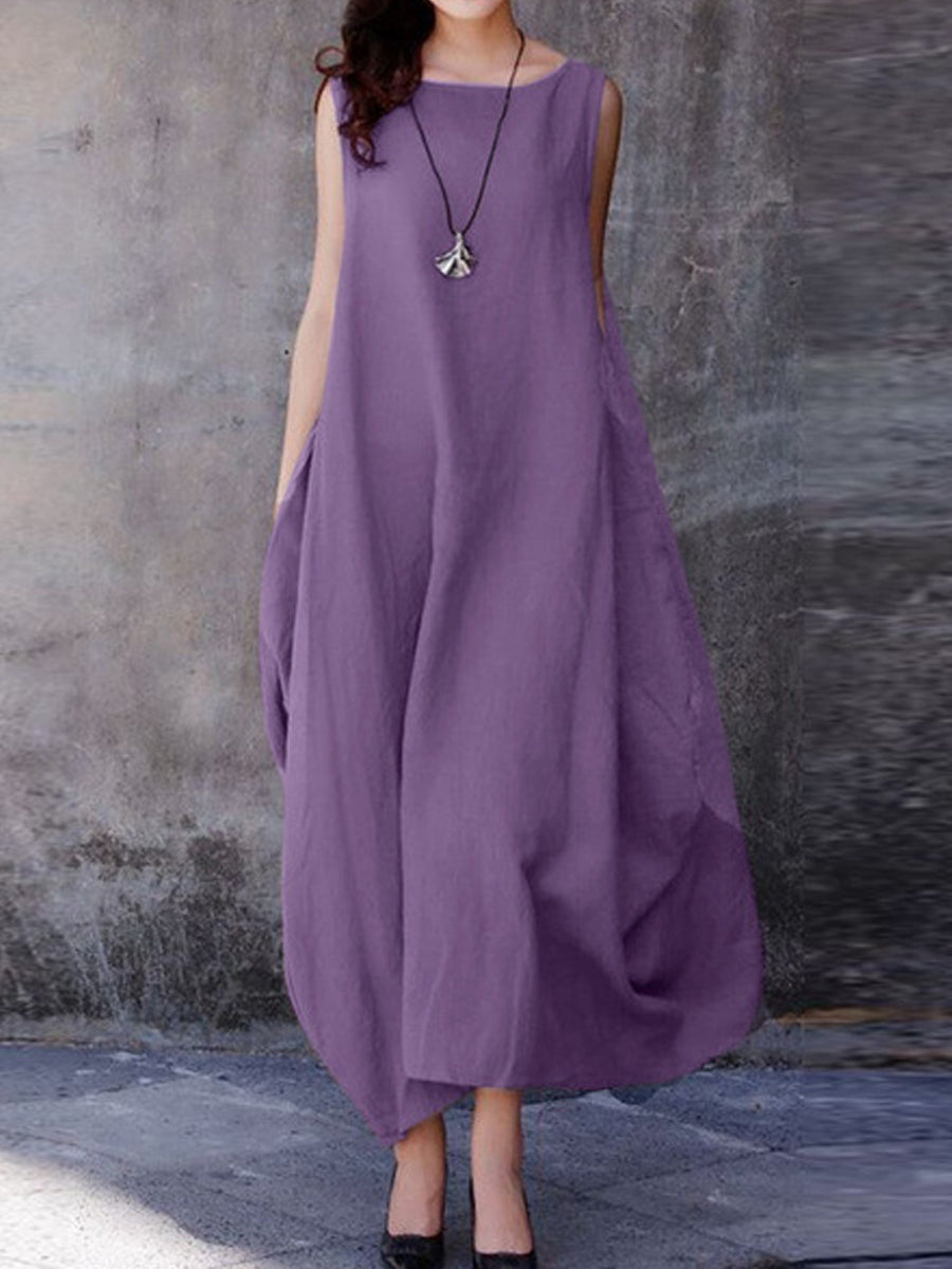 Chicmy- Casual Solid Crew Neck Pocket Sleeveless Maxi Dress
