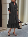 Chicmy-A-Line Long Sleeves Pleated Solid Color Lapel Collar Midi Dresses