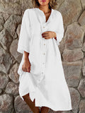 Chicmy- Casual Loose Cotton And Linen Shirt Collar Button Midi Dress