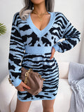 Chicmy-Split-Joint Tiger Skin Pattern High Waisted Long Sleeves V-Neck Sweater Dresses Mini Dresses