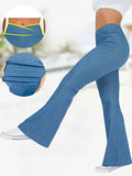 ChicmyPlain Casual Loose High Waisted Crossover Stretchy Knit Denim Casual Flare Pants