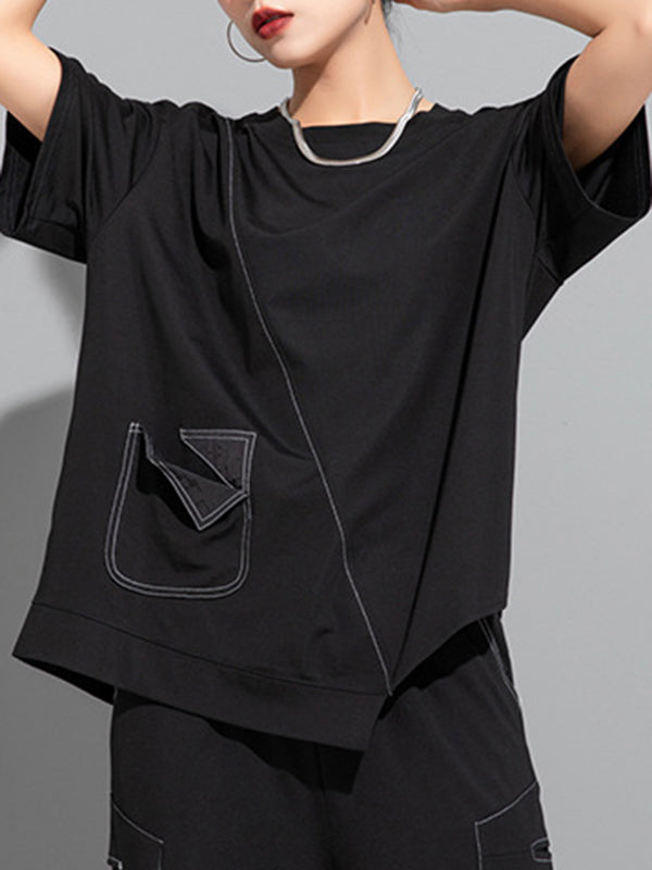 Chicmy-Asymmetric Solid Color Split-Joint Loose Short Sleeves Round-Neck T-Shirts Tops