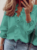 Chicmy-Puff Sleeves Falbala Solid Color V-Neck Blouses