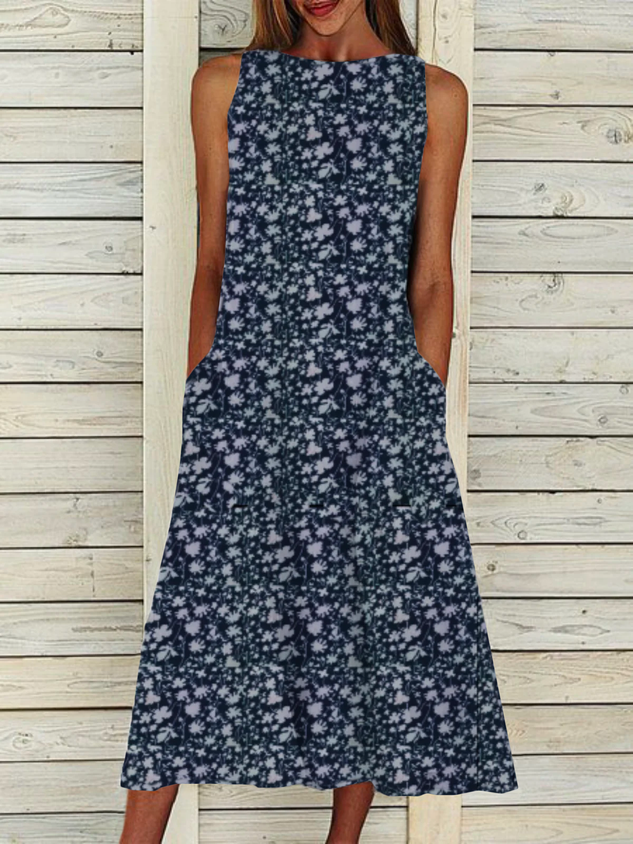Chicmy Ditsy Floral JFN Boatneck  Sleeveless Casual Midi Dresses