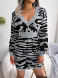 Chicmy-Split-Joint Tiger Skin Pattern High Waisted Long Sleeves V-Neck Sweater Dresses Mini Dresses