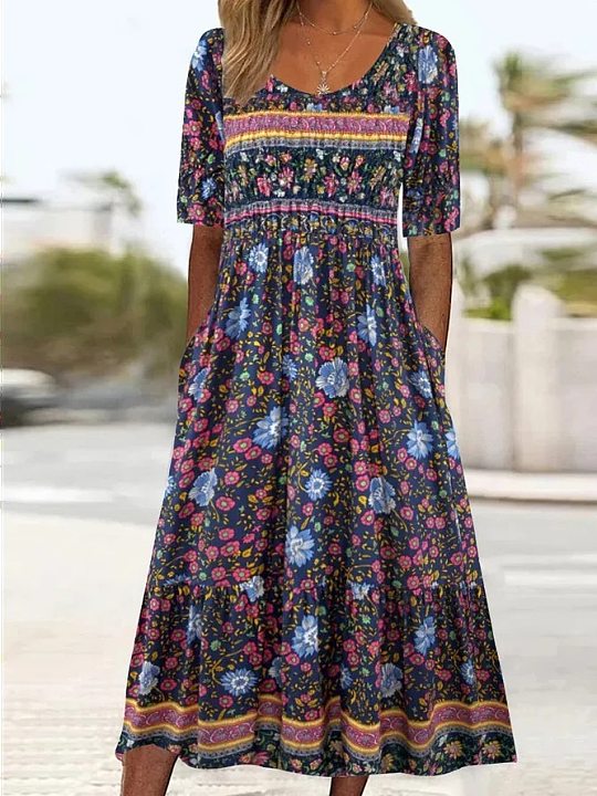 Chicmy- Round Neck Casual Loose Resort Floral Print Short Sleeve Midi Dress