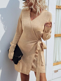 Chicmy-Tied Surplice Ribbed Trim Sweater Dress