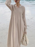 Chicmy-Causal Loose Solid Color Pleated V-Neck Long Puff Sleeves Sweater Dress