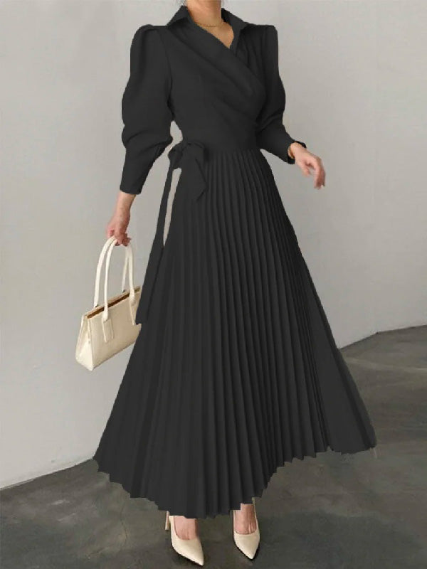 Chicmy-Office Pleated Asymmetric Solid Color Lapel Maxi Dresses