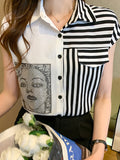 Chicmy-Asymmetric Figure Printed Cap Sleeve Loose Lapel Blouses&Shirts Tops