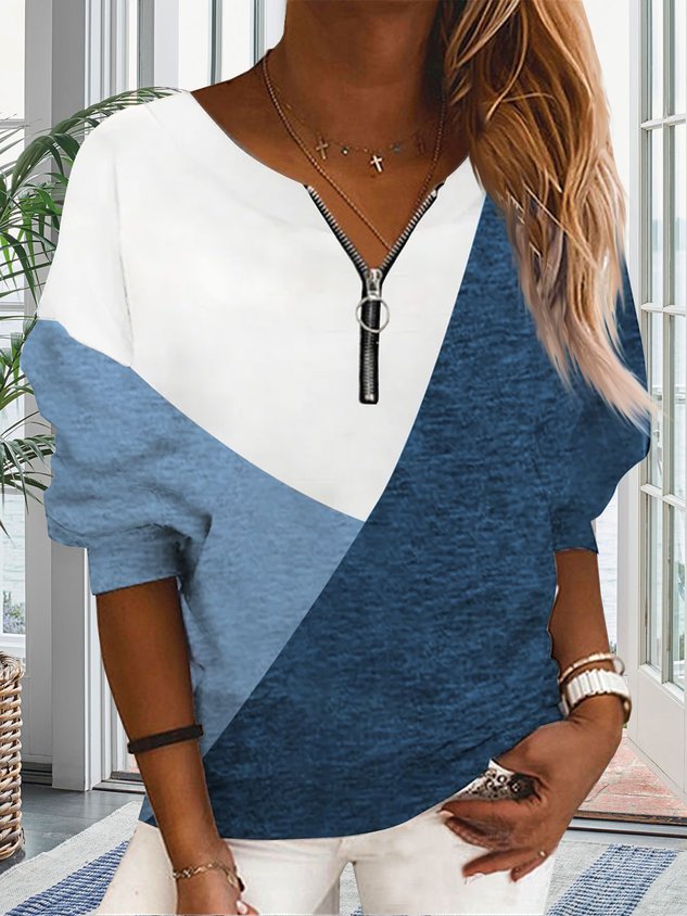 ChicmyJFN Plain Color Block Zipper Loose Simple Sweatshirt