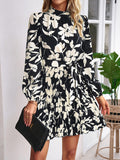 CHICMY-Graduation gift, graduation evening dress Tied Waist Pleated Flower Print Loose Long Sleeves Mock Neck Mini Dresses