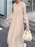 Chicmy-Causal Loose Solid Color Pleated V-Neck Long Puff Sleeves Sweater Dress