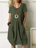 Chicmy- Women Casual Pockets Short Sleeves Summer Solid Midi Dress