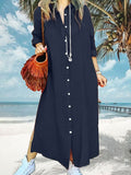 Chicmy- Lapel Solid Color Button Long Sleeve Maxi Dress