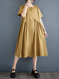 Chicmy-Asymmetric Pleated Pockets Solid Color Split-Joint A-line Loose Round-neck Midi Dresses