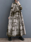 CHICMY-Graduation gift, graduation evening dress Tie-dyed Split-Joint Pleated Loose Long Sleeves Stand Collar Midi Dresses