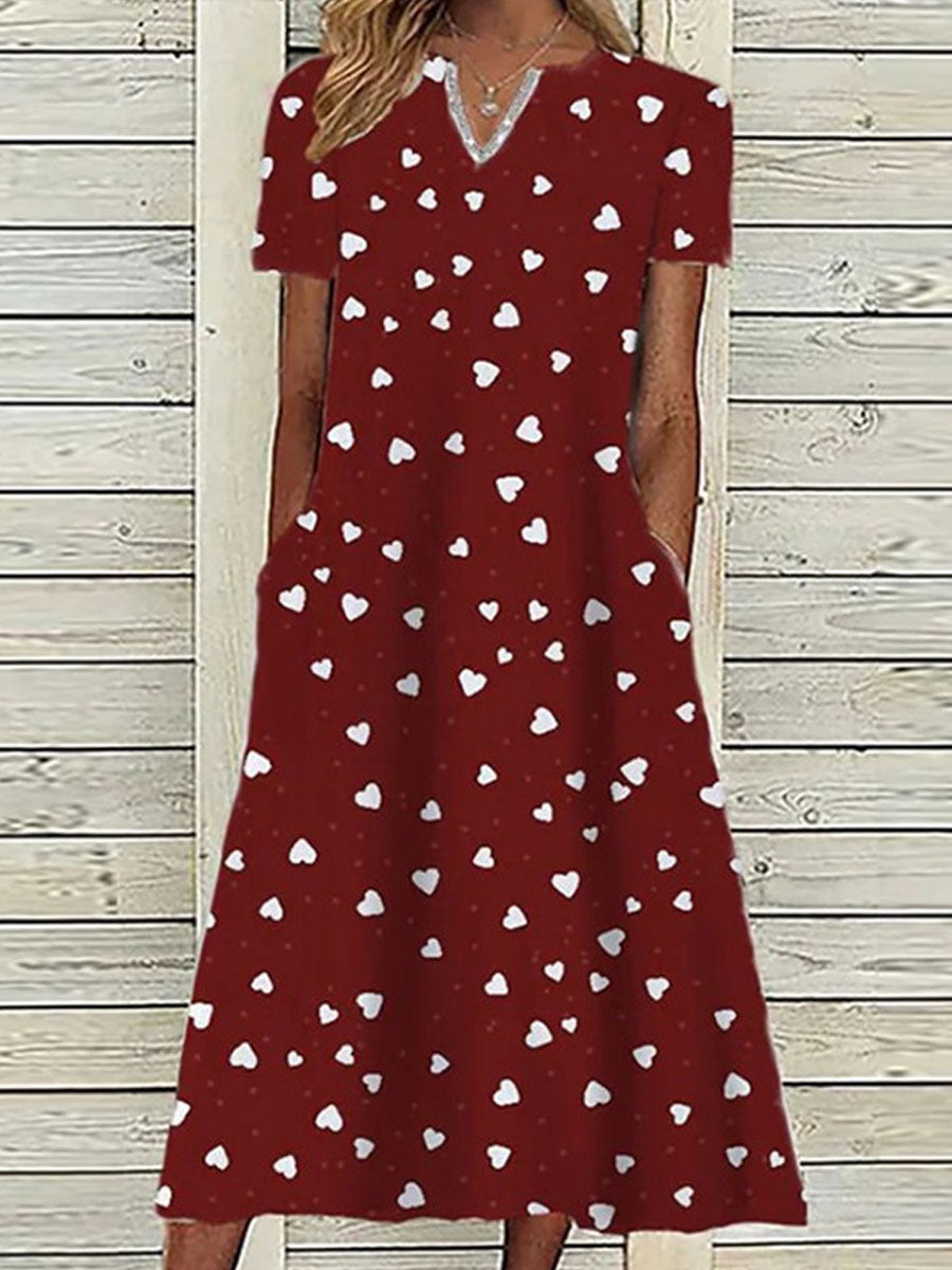Chicmy- V-neck Casual Loose Heart Print Short-sleeved Midi Dress