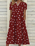 Chicmy- V-neck Casual Loose Heart Print Short-sleeved Midi Dress