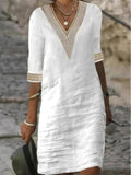 Chicmy- Cotton Linen V-neck Lace Half Sleeve Women's Midi Dress