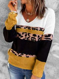 Chicmy-Women's Sweater Leopard Color Block V-Neck Rib-Knit Sweater