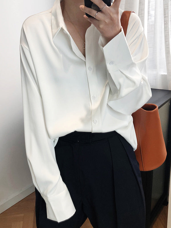 Chicmy-Simple Solid Color Satin Chiffon Long Sleeve Blouse