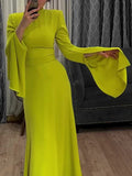 CHICMY-Graduation gift, graduation evening dress Ruffle Sleeves Skinny Belted Solid Color Round-Neck Maxi Dresses