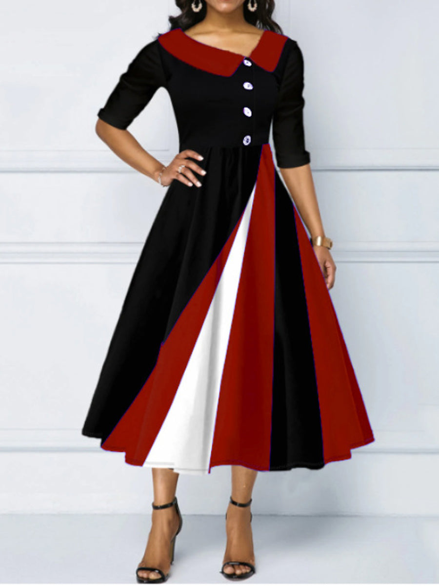 Chicmy- Casual Geometric Panel Button V-Neck Long Sleeve Midi Dress