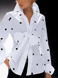 Chicmy-Stylish White Polka-Dot Lapel Bow-Embellished Long Sleeves Blouse Top