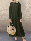 Chicmy- Casual Solid Color Stitching Round Neck Long Sleeve Maxi Dress