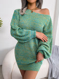 Chicmy-Heathered Boat Neck Lantern Sleeve Sweater Dress