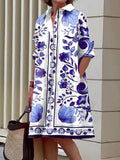 Chicmy-Long Sleeves Floral Printed Lapel Midi Dresses
