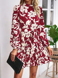 CHICMY-Graduation gift, graduation evening dress Tied Waist Pleated Flower Print Loose Long Sleeves Mock Neck Mini Dresses