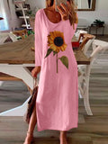 Chicmy- Sunflower Plant Printed Side Slit Long Sleeve Maxi Dress