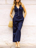 Chicmy-Solid Color Buttoned Deep V-Neck Sleeveless  Vest Top + Pleated Straight Leg Pants Bottom Two Pieces Set