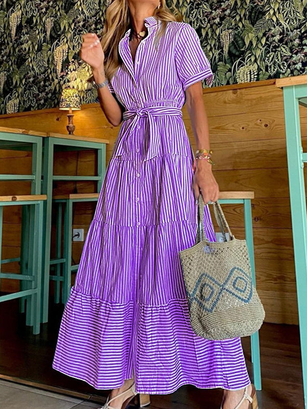 Chicmy-Striped Loose Short Sleeves Lapel Maxi Dresses
