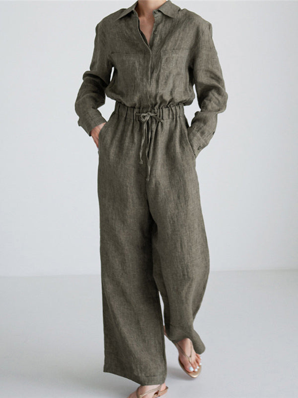 Chicmy-Urban Linen Drawstring Elastic Waisted Wide Leg Long Sleeves Jumpsuits