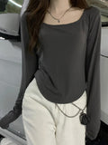 Chicmy-Solid Color Long Sleeves Skinny Square-Neck T-Shirts Tops