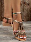 ChicmyWomen Rhinestone Floral Print Braided Ankle Strap Wedge Sandals