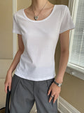 Chicmy-Solid Color Short Sleeves Skinny Leg U-Neck T-Shirts Tops