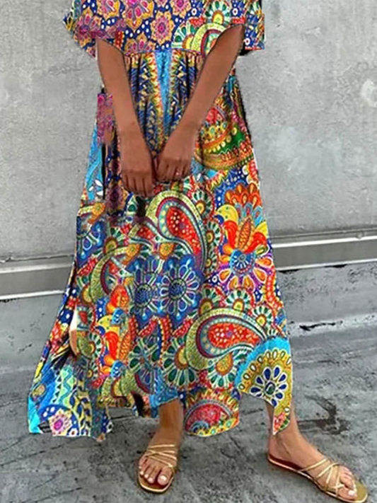 Chicmy Vacation Casual Tribal Printed V-neck Regular Fit Maxi Dress