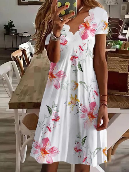 Chicmy JFN Scallop Neck Floral Vacation  Midi Dress