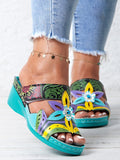 ChicmyRetro Color Contrast Ethnic Style Flower Hollow Wedge Sandals