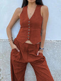 Chicmy-Solid Color Buttoned Deep V-Neck Sleeveless  Vest Top + Pleated Straight Leg Pants Bottom Two Pieces Set